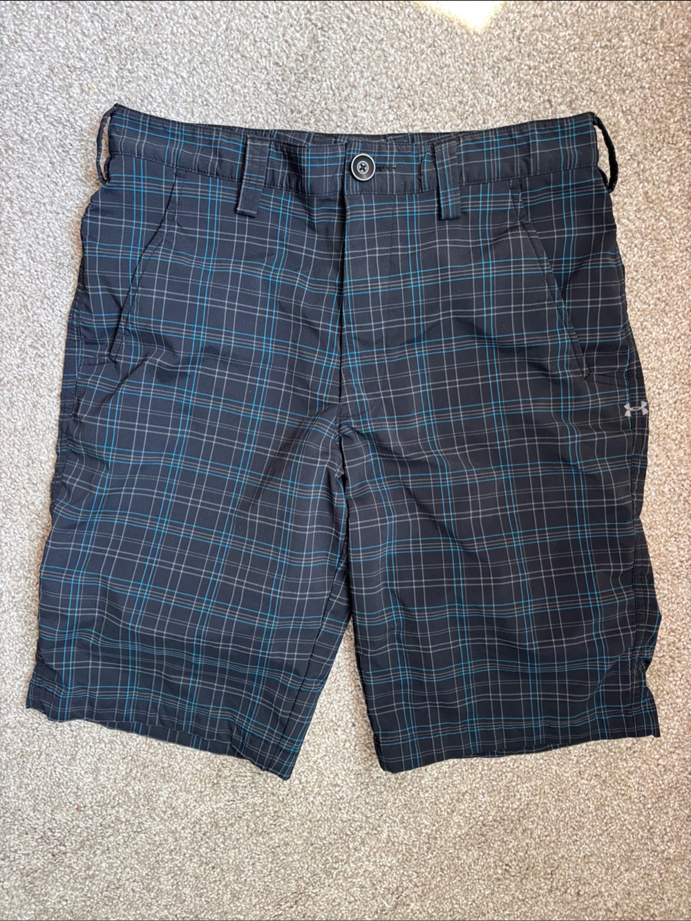 Under Armour Men's Black Plaid Cargo Shorts with Teal Accents